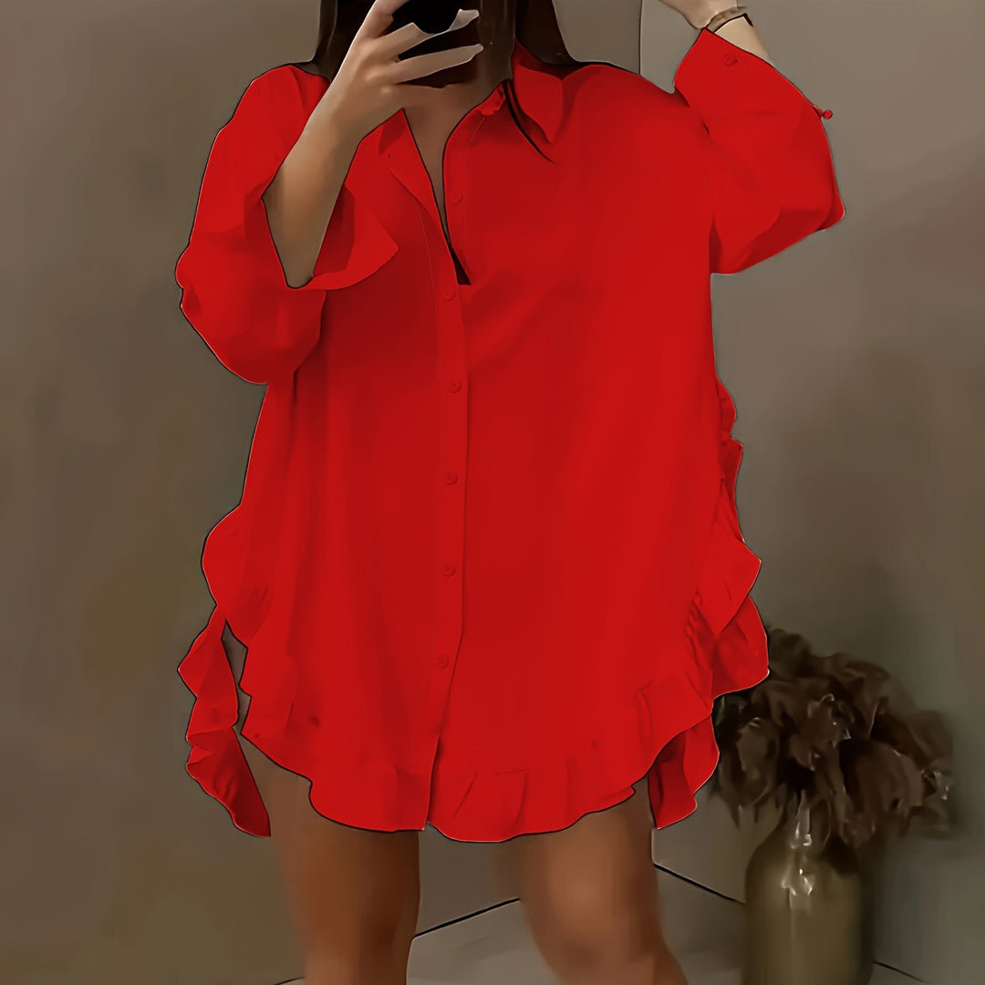 Damer Plus Size Skjortekjole med Flæse detaljer Stilla