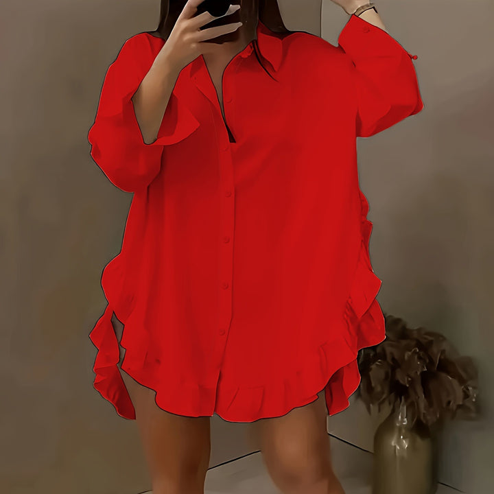 Damer Plus Size Skjortekjole med Flæse detaljer Stilla