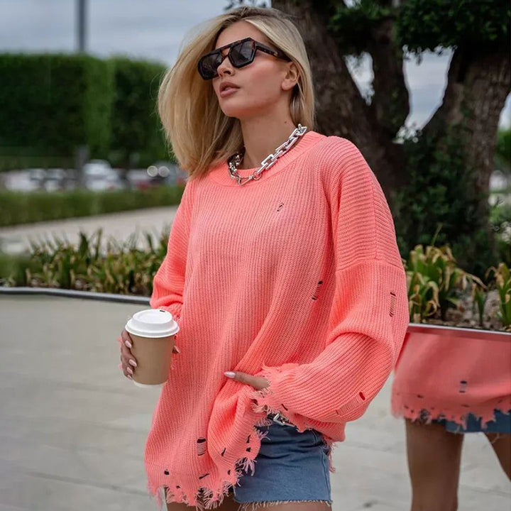 Dame Oversized Strikpullover med afslappet snit og slidte detaljer Stilla