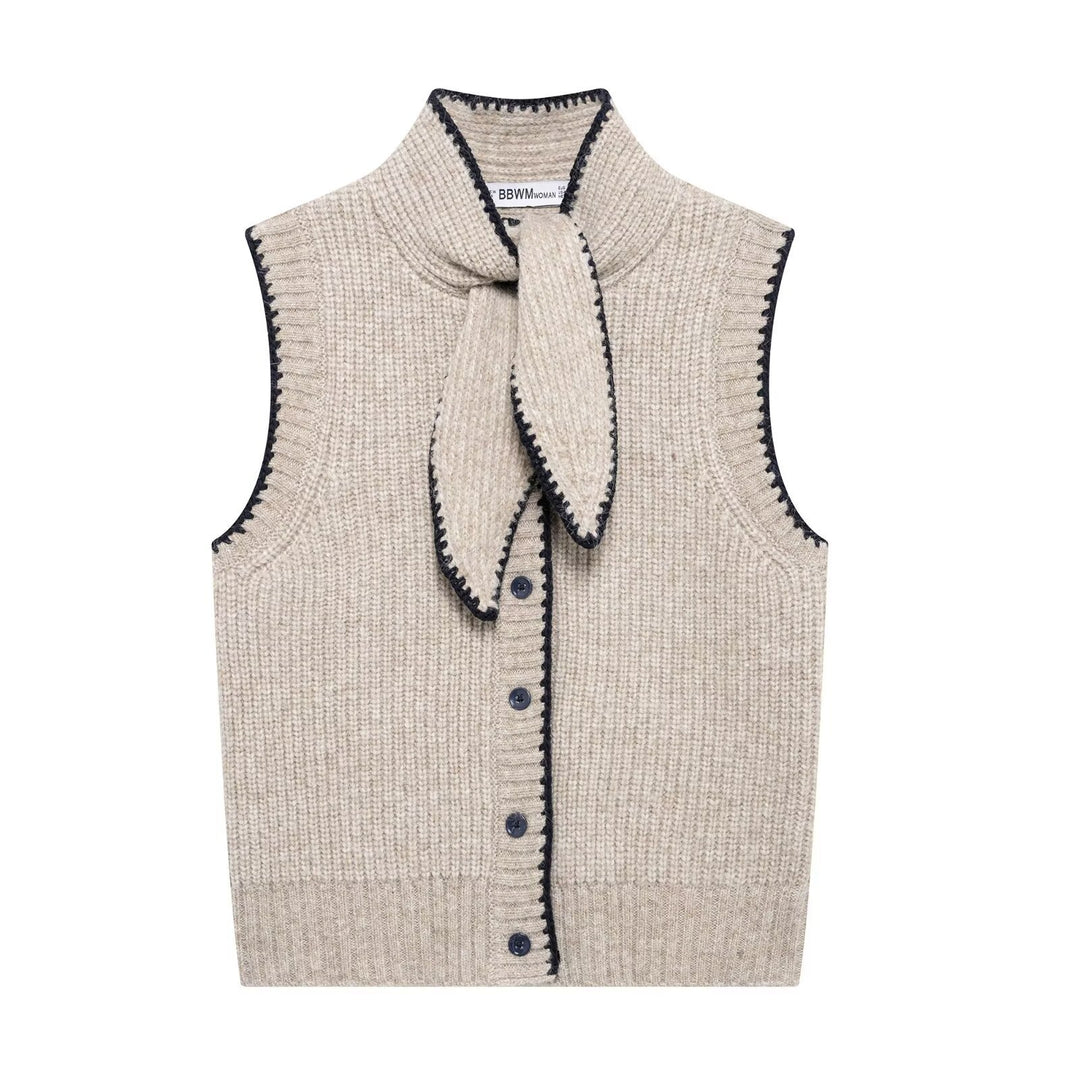 Femme Strikermeløs Cardigan med bindehalss detaljer Stilla