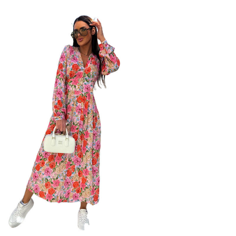 Femme Floral Button-Up Maxi-Kjole med Bælte Talje Stilla