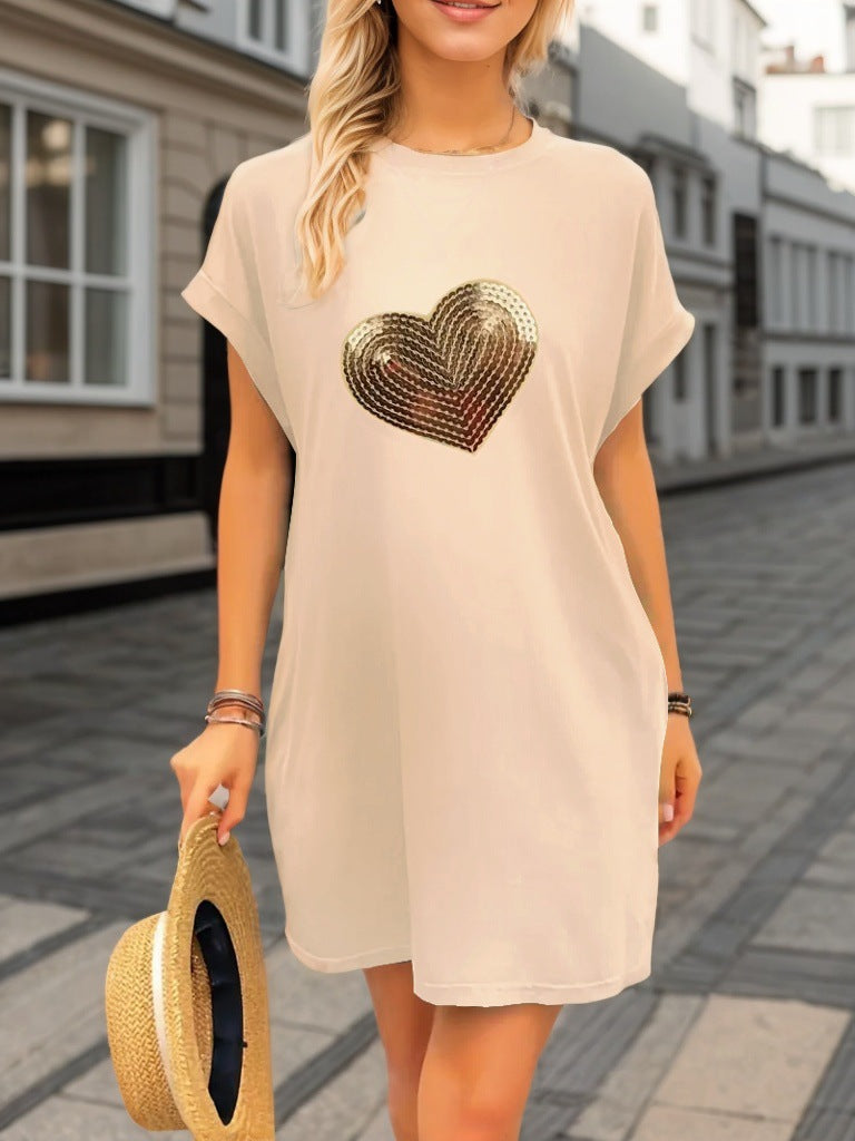 Dame afslappet T-shirt-kjole med glitrende hjerte-motiv Stilla