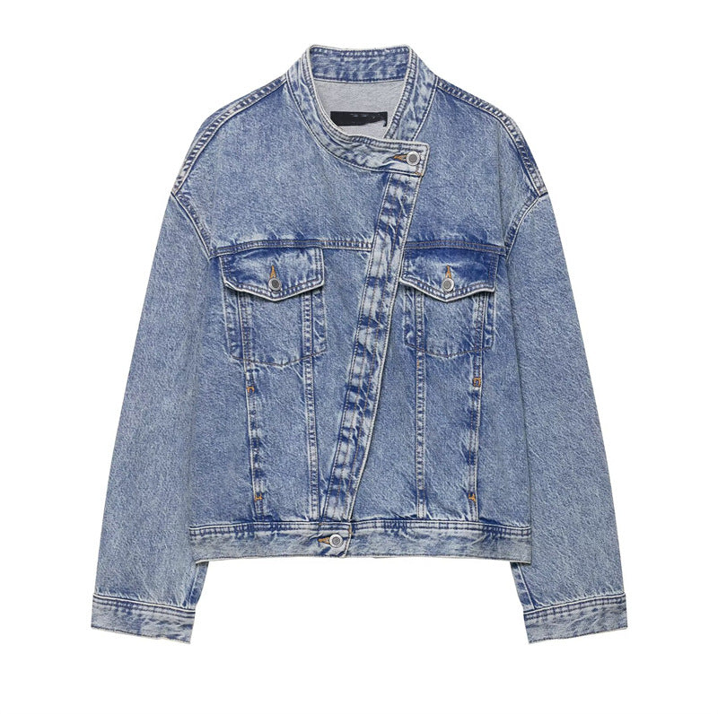 Kvinders designermelerede denimjakke med asymmetrisk snit og praktiske lommer Stilla