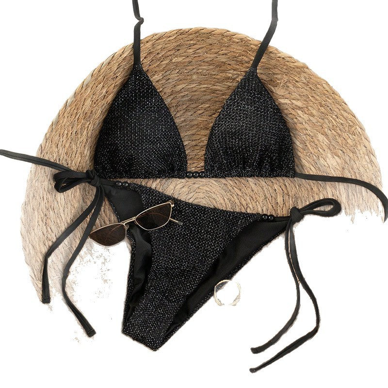 Dame triangelbikini med trendy netstruktur og justerbare bindebånd Skovae
