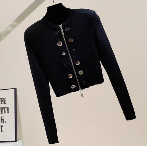 Dame crop jakke med metallisk lynlås og dekorative knapper Stilla