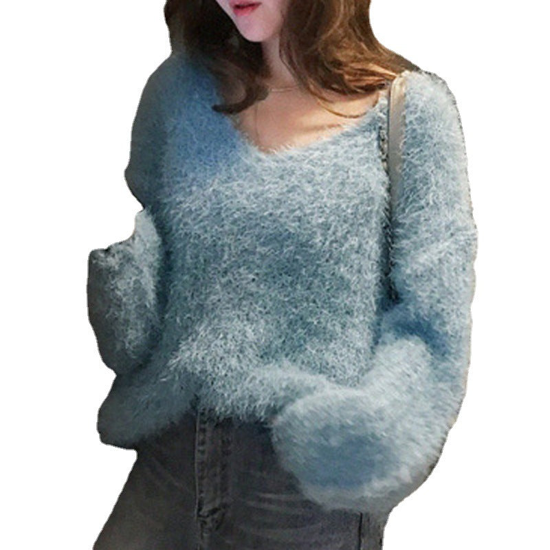 Kvinders hyggelige V-hals sweater med blød fluffy tekstur Stilla