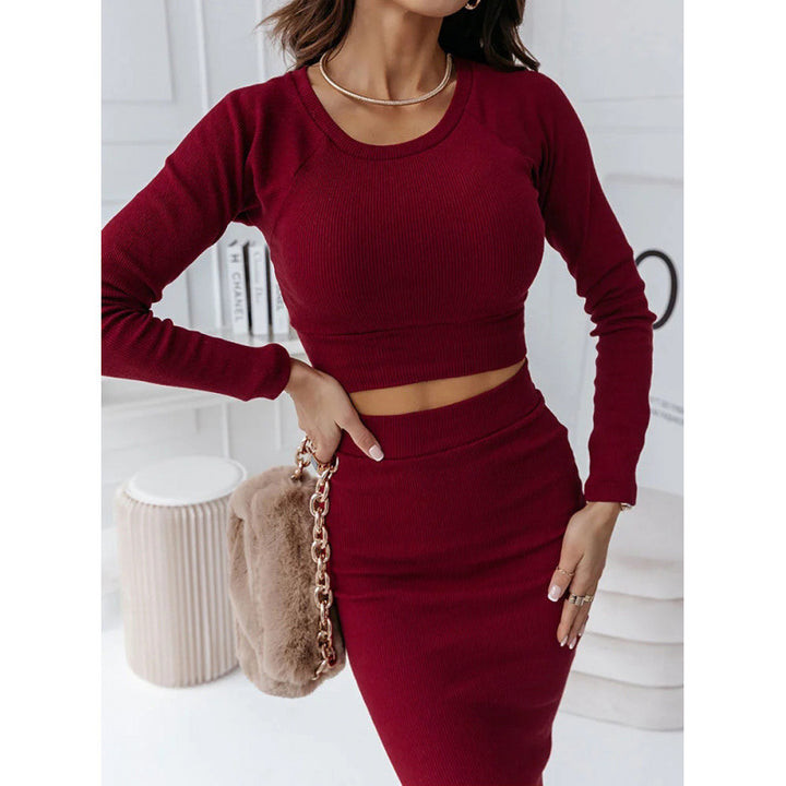 Dame Ripp Langærmet Crop Top og Midikjole Sæt Stilla