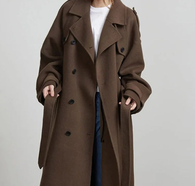 Damer Elegant Lang Trench Coat med Struktureret Standskæde Stilla