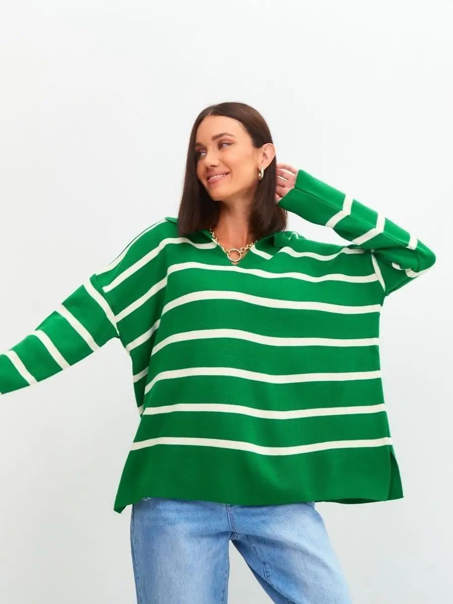 Dame afslappet strikpullover med klassisk polo krave og moderne stribemønster Stilla