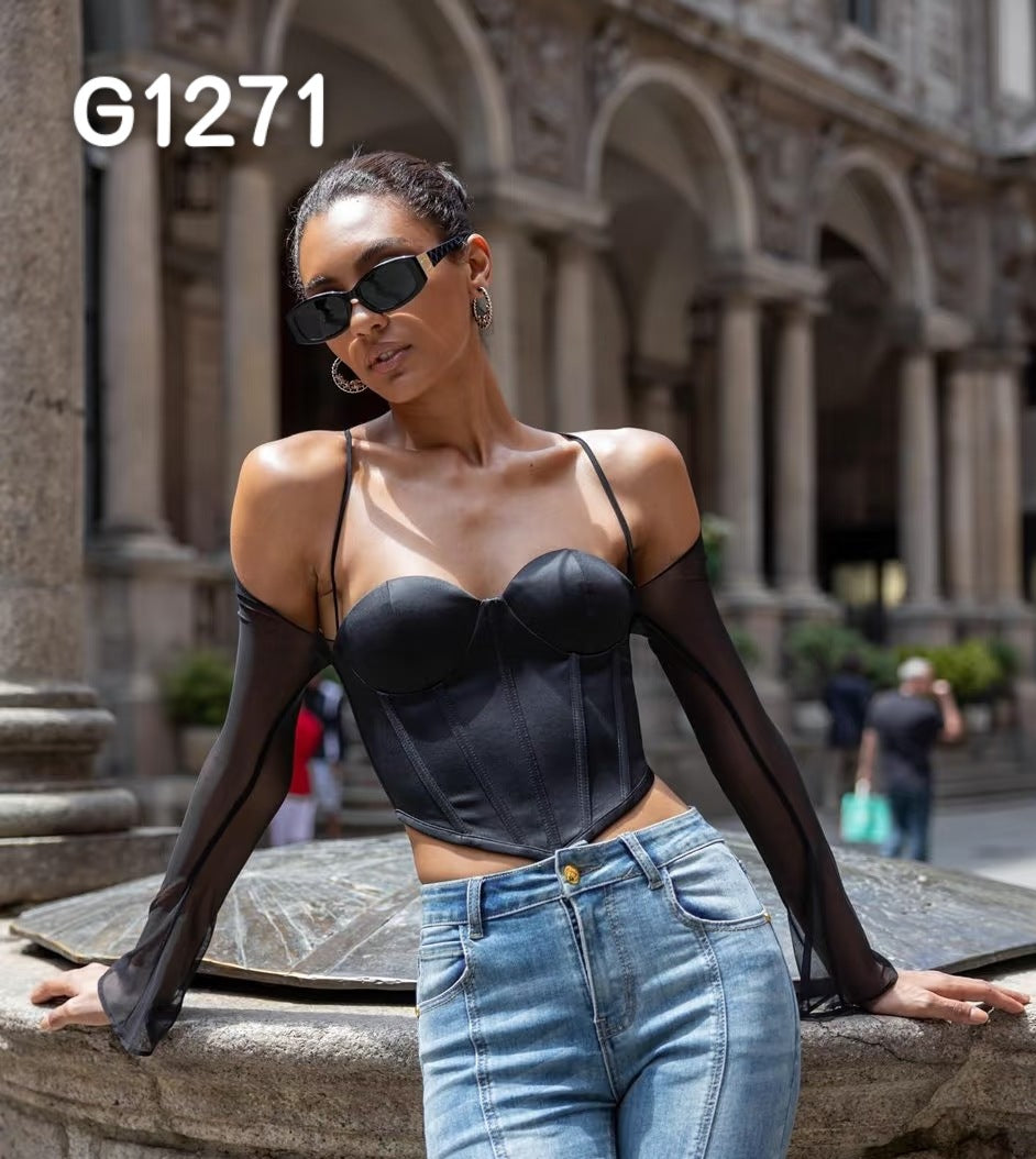 Dame Elegant Corsage-Bluse med transparente ærmer Skovae