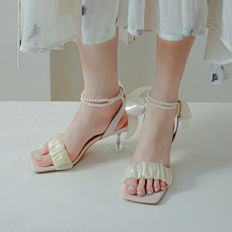 Dame Elegant Volant Blokhæl Sandaler med Perle Accent Stilla