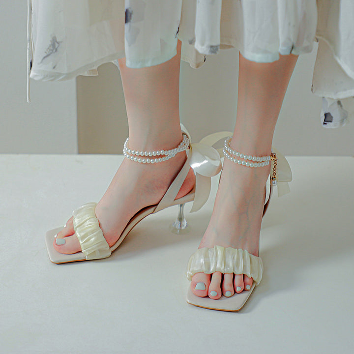 Dame Elegant Volant Blokhæl Sandaler med Perle Accent Stilla