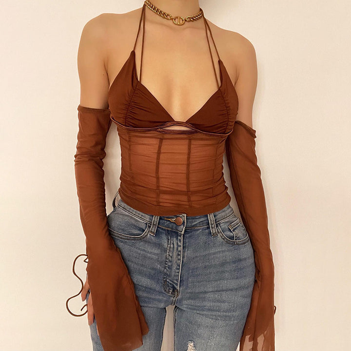 Dame crop-top med gennemsigtigt design og raffinerede flæseærmer Skovae