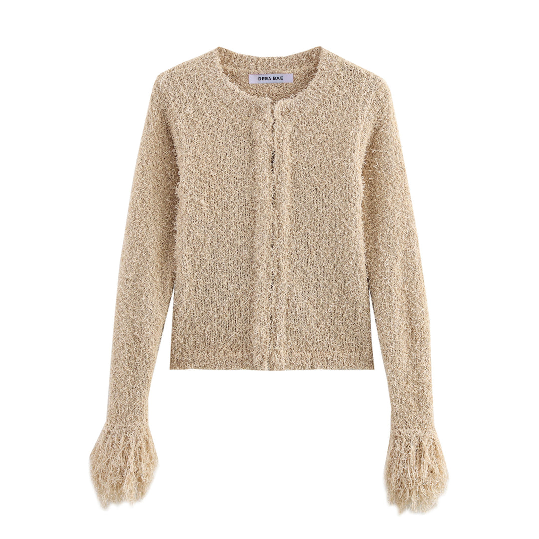 Femme Struktur Strik Cardigan med Frynsesleeve Stilla