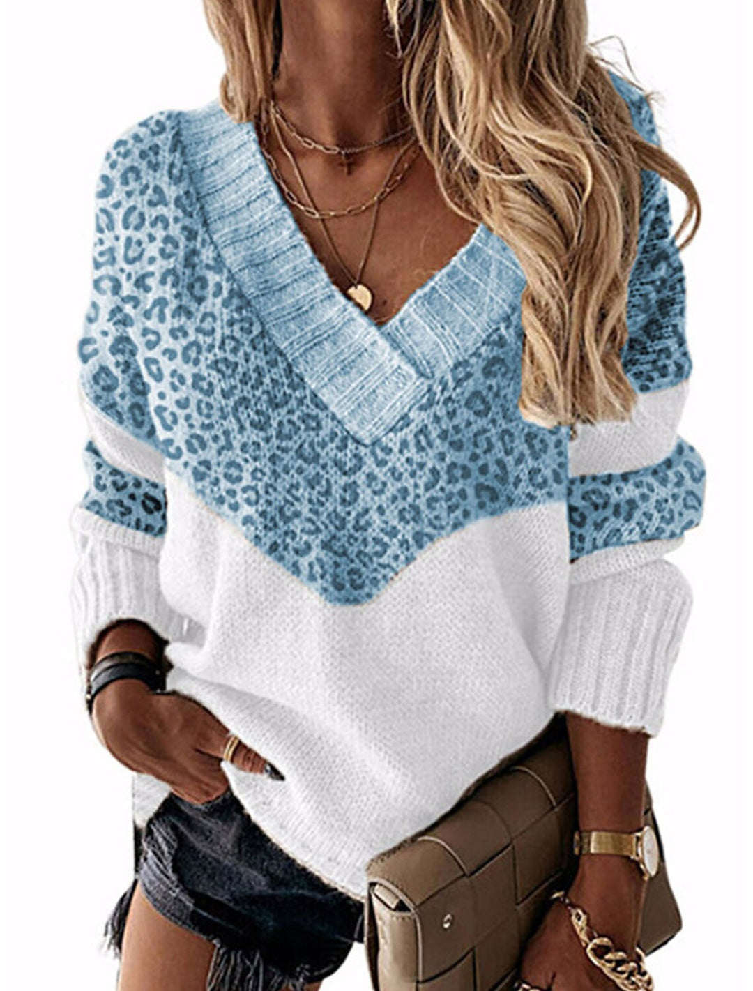 Dame moderigtig V-udskæring pullover med leopardmønster Stilla