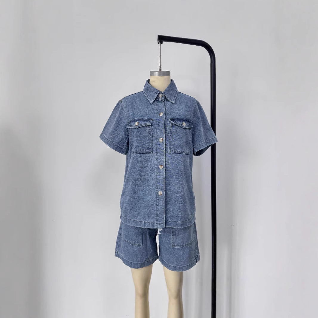 Dame Denim-skjorte og shorts-sæt i smart stil Skovae
