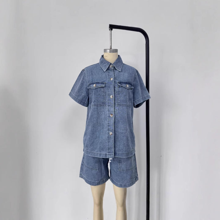 Dame Denim-skjorte og shorts-sæt i smart stil Skovae