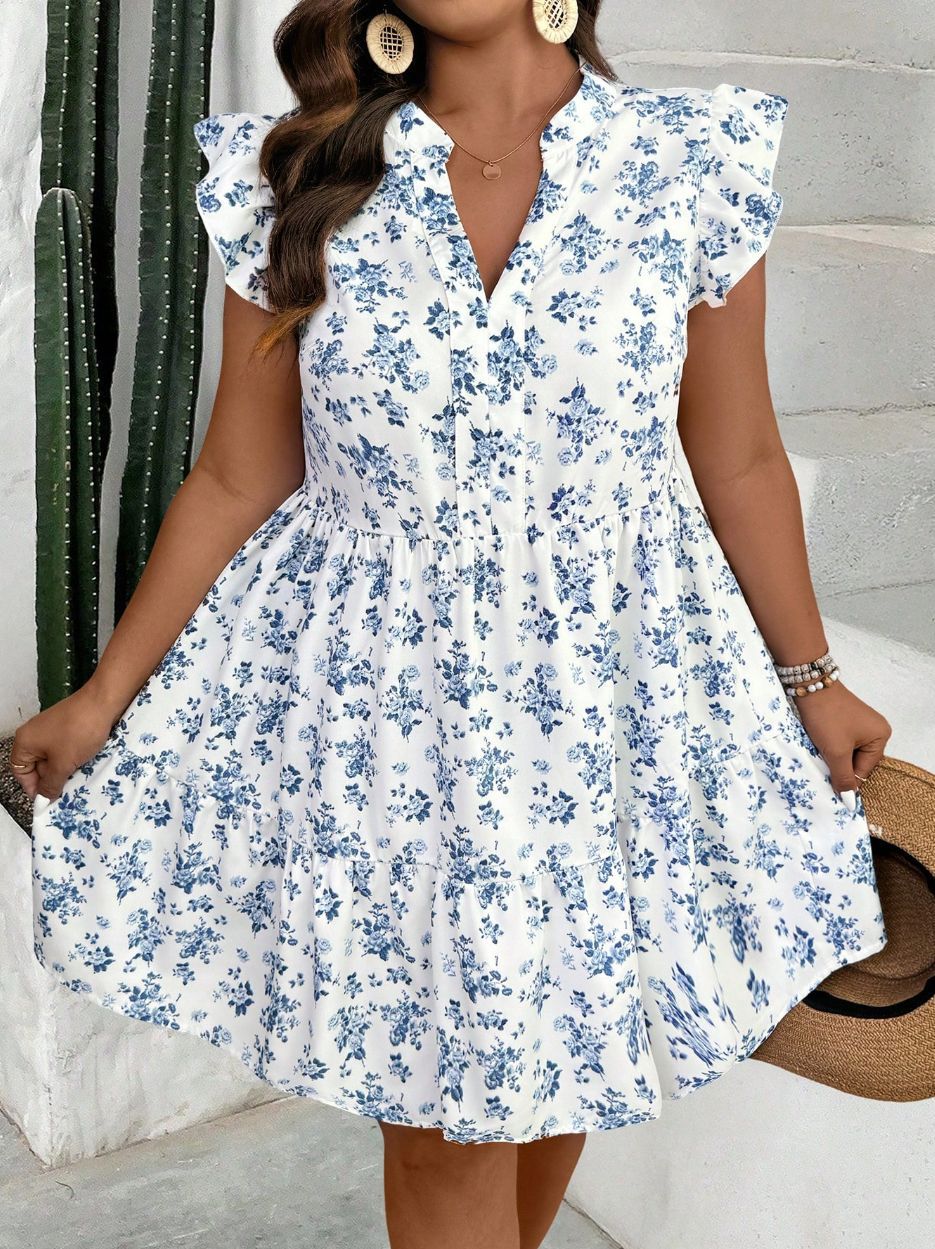 Femme Floral Ruffle Knaplukning Kjole Stilla