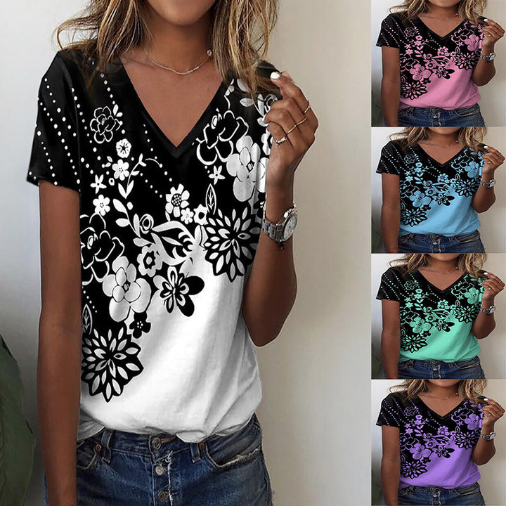 Dame V-hals T-shirt med blomstret design Stilla