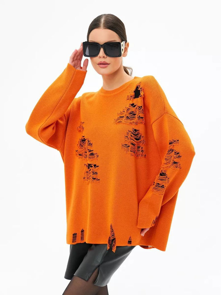 Dame Oversized Strikpullover med moderne Distressed-design og afslappede frynser Stilla