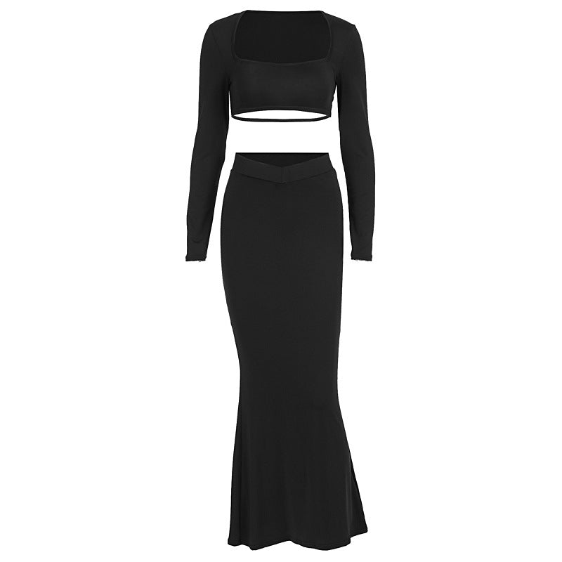 Dame Elegante sæt bestående af crop-top og maxiskørt med gennemsigtigt detalje Skovae