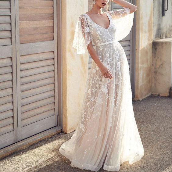 Dame Elegante Ballkjole med blomsterbroderi og transparent chiffon-look Stilla
