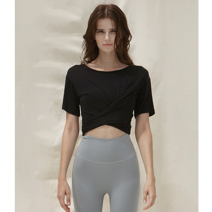 Dame sporty kortærmet T-shirt med trendy vikledetalje og elastisk kant Stilla