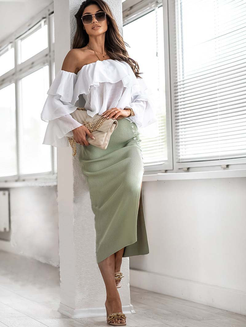 Dame Elegant Strikkede Nederdel med Sideslids og Dekorative Knapper Stilla