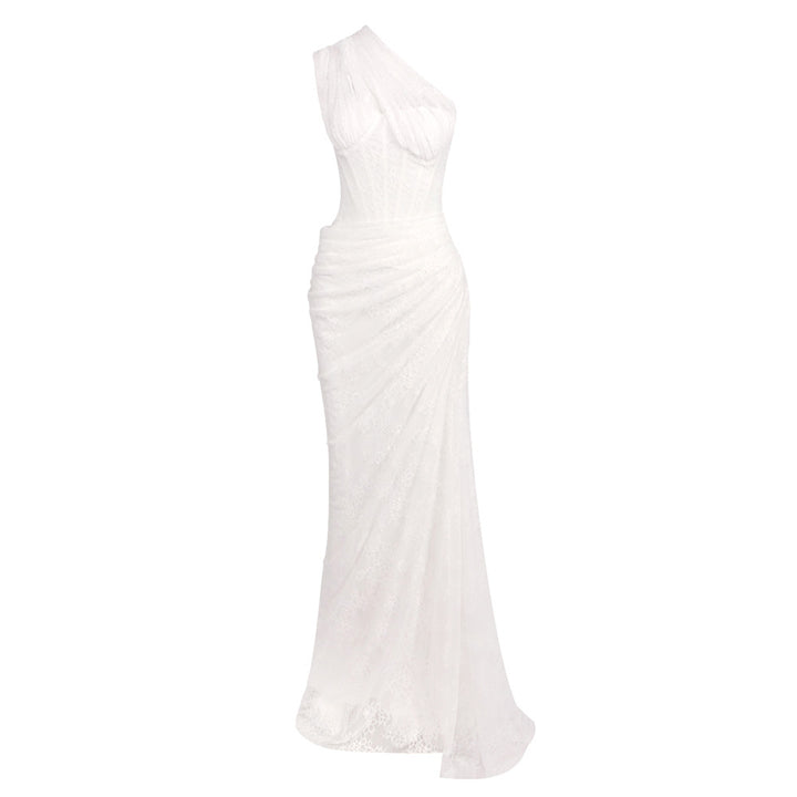 Dame elegant aftenkjole med asymmetrisk one-shoulder design og blomster spidsbesætning Skovae