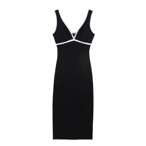 Dame Sleek V-udskæring Bodycon Midi Kjole med Kontrastbesætning Stilla
