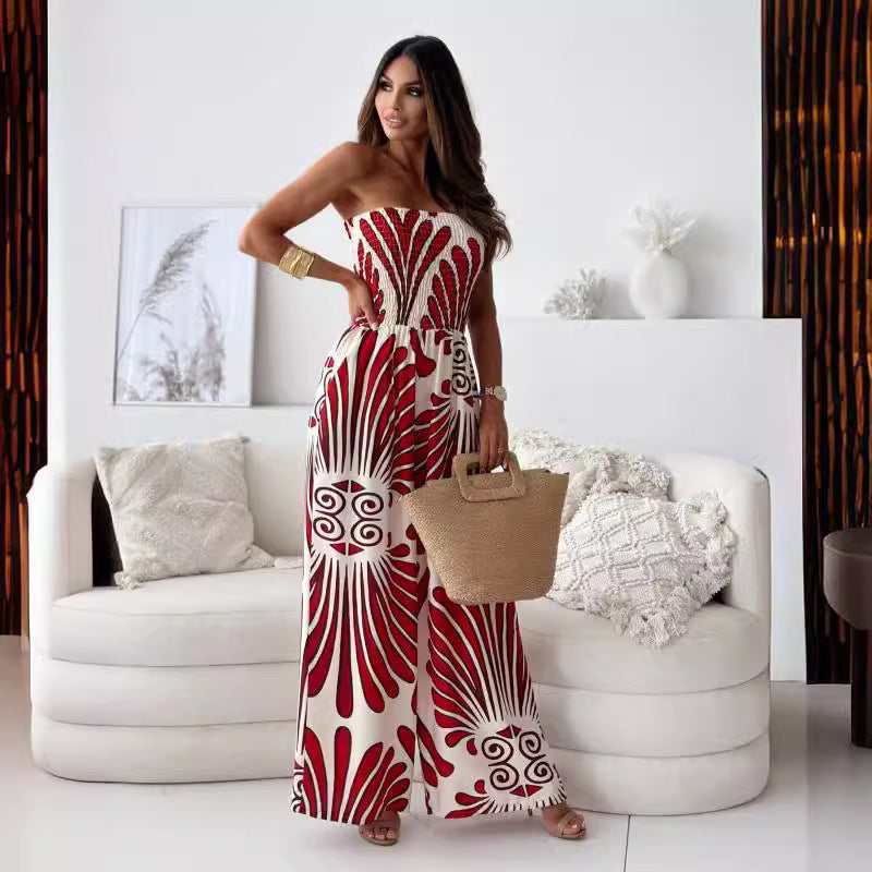 Dame langærmet jumpsuit med floral design og bånd Stilla