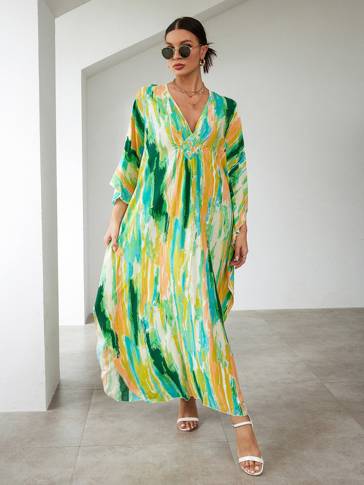 Dame Strandkaftan med elegant V-udskæring og farverigt mønster Stilla