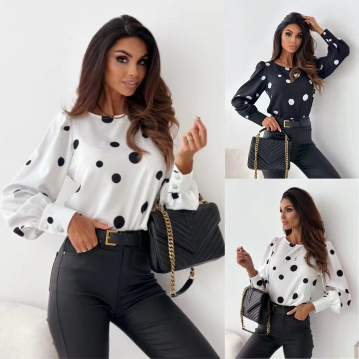 Dame Polka Dot Langærmet Bluse med Knapdetaljer Stilla