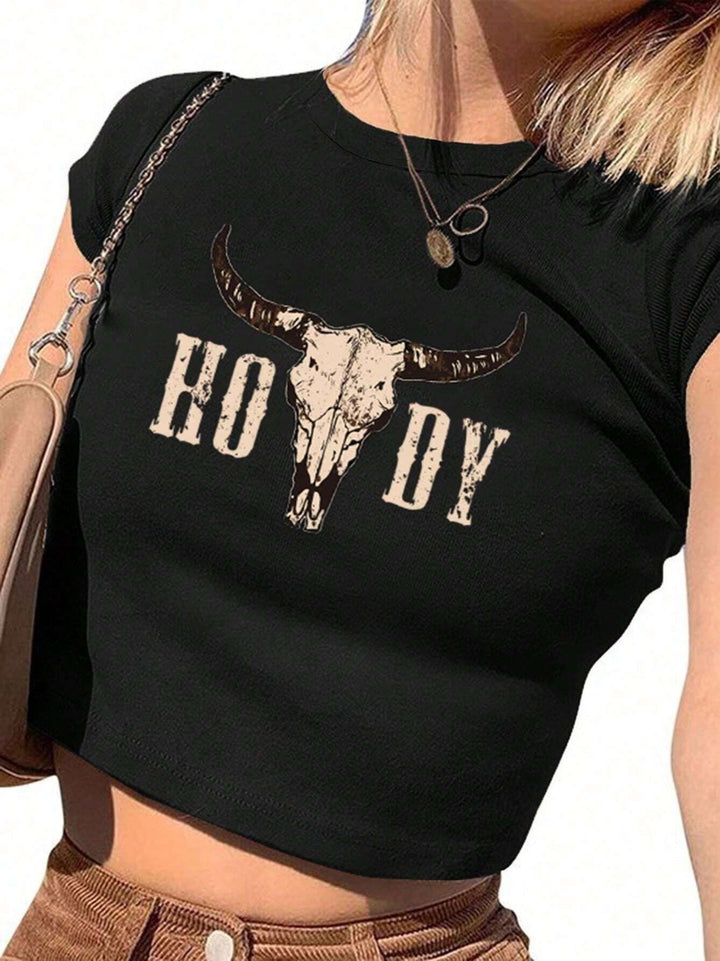 Damer Crop-T-Shirt med kreativt Cow Skull Design Skovae