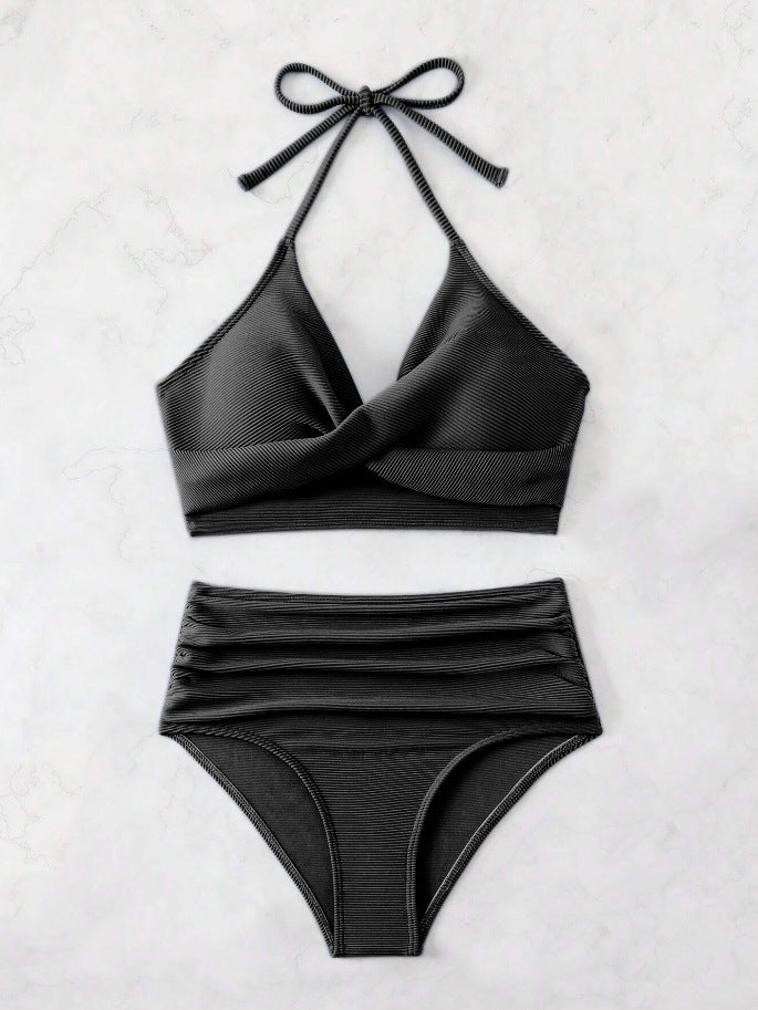 Dame højtaljet bikini-sæt med moderne indpakningsdetalje og dyb V-udskæring Stilla