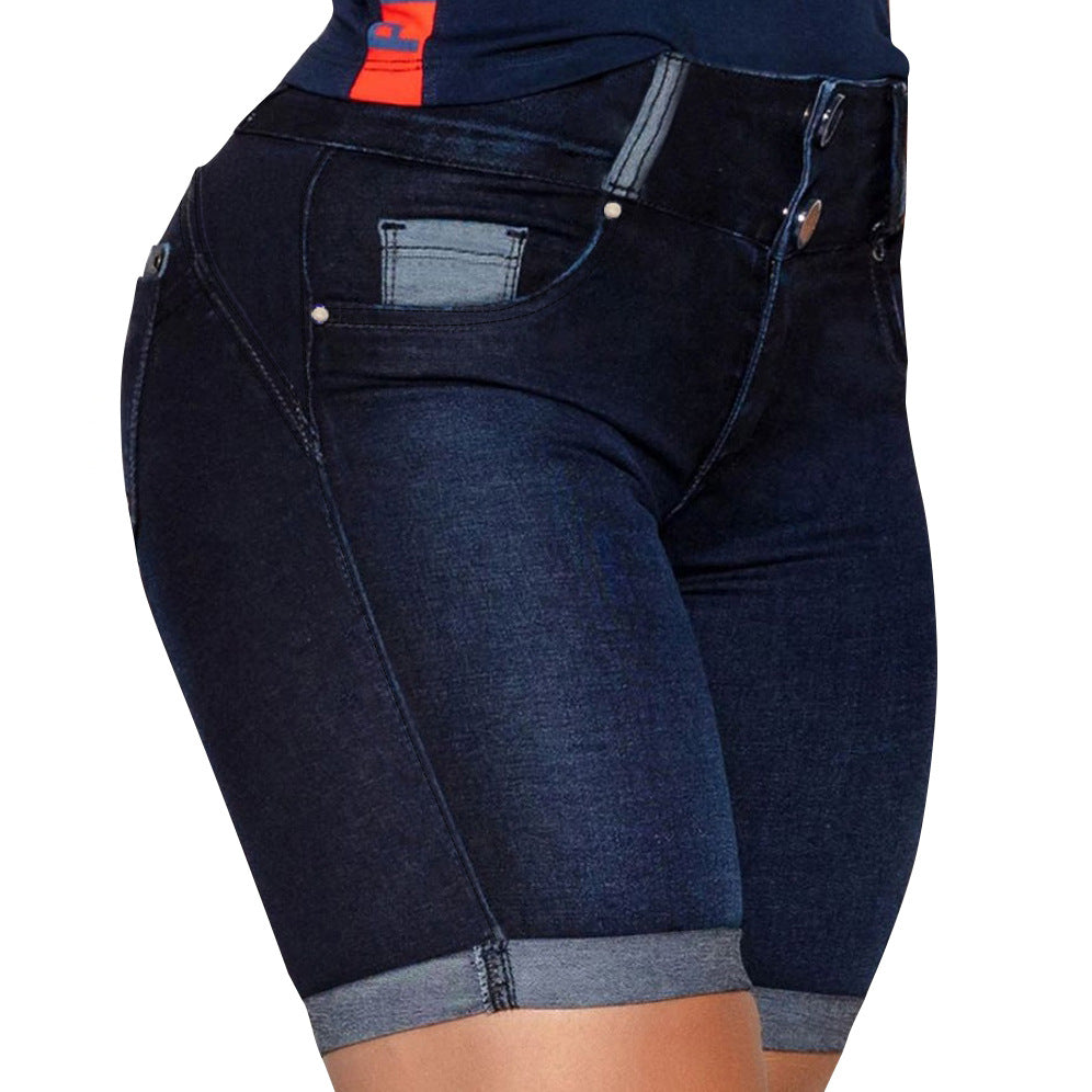 Dame Denim-Bermudas med fashionable knapdetaljer og elastisk talje Stilla