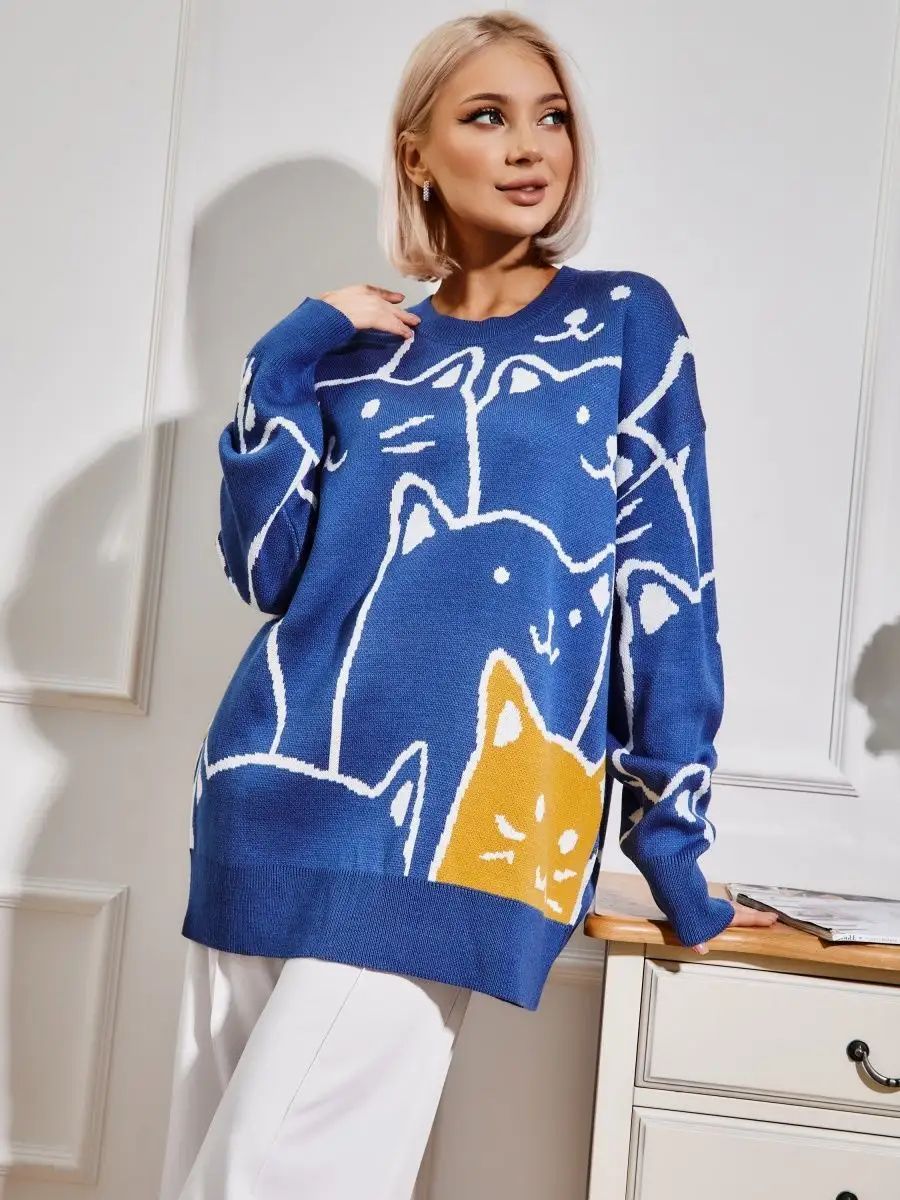 Dame stilfuld pullover med kattemotiv og afslappet snit Stilla