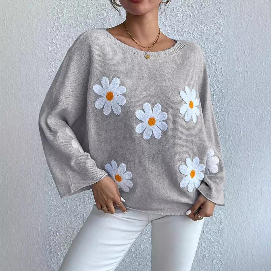 Kvindernes strikkede sweater med legende blomsterdesign og løs pasform Stilla
