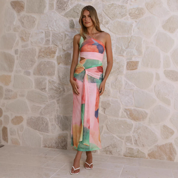 Women’s wrap maxi dress with asymmetric strap and floral accents Skovae