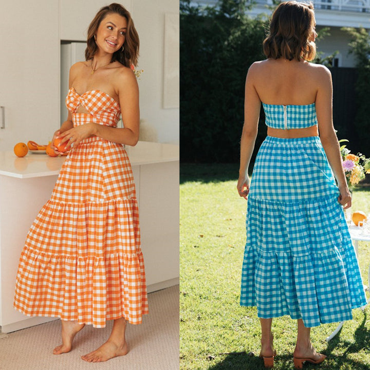 Ladies to-delt gingham stil sæt med crop top og voluminøs nederdel Stilla