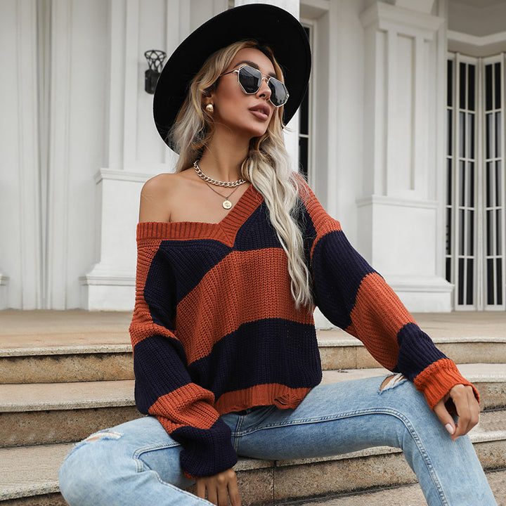 Kvinders oversized strikket sweater med V-hals og blokstriber Stilla