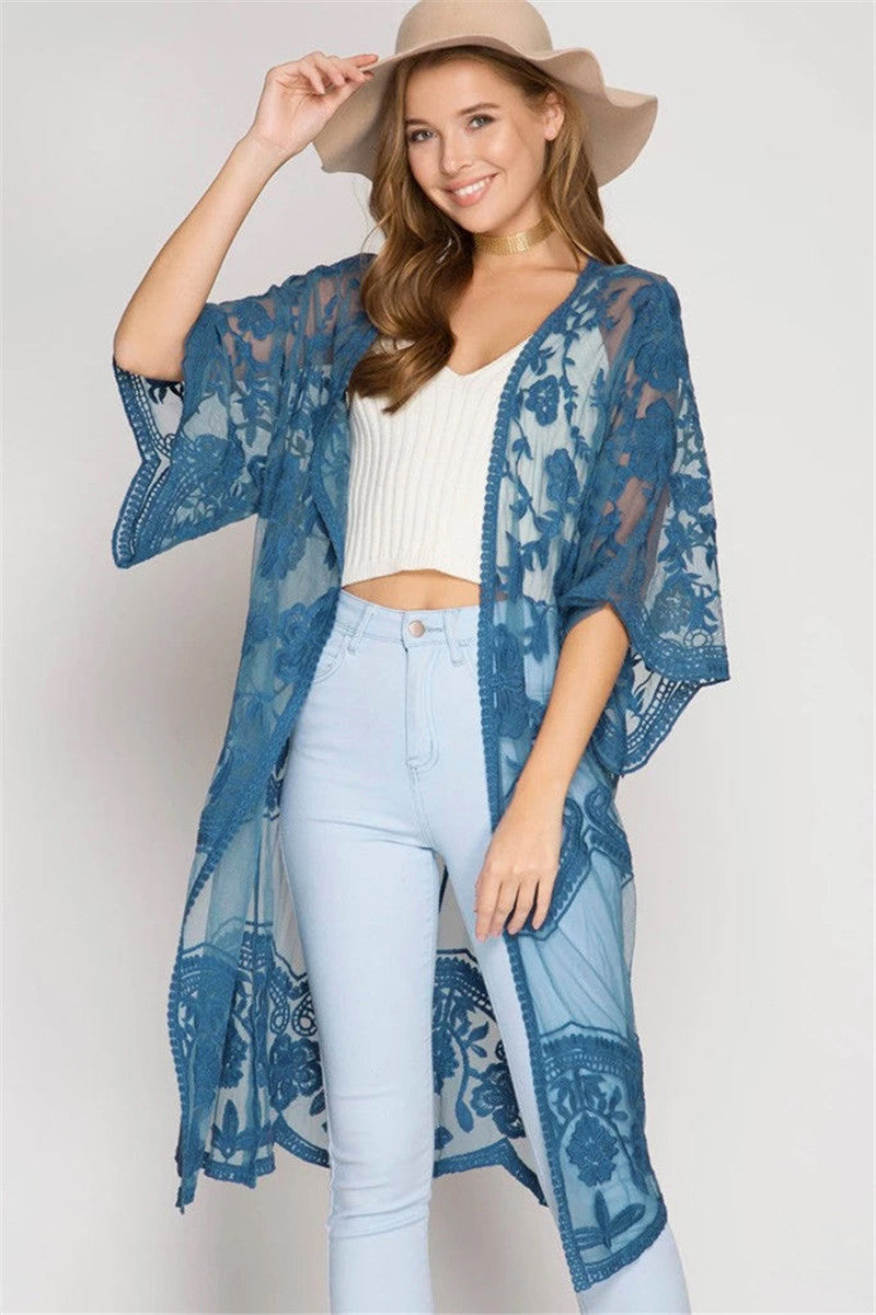 Dame Elegant Hækle-Kimono med florale Detaljer Stilla