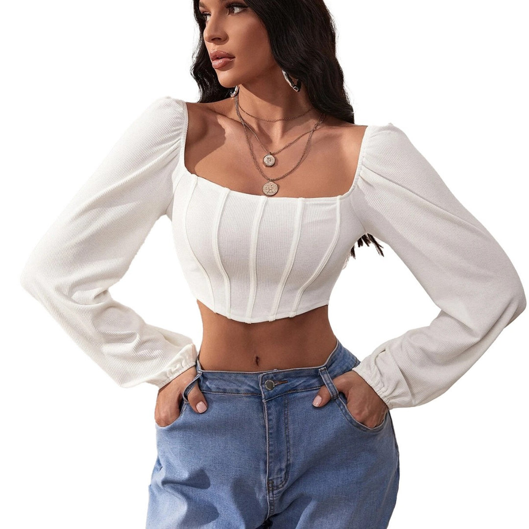 Kvinders langærmede crop top med firkantet udskæring og elegante pufærmer Stilla