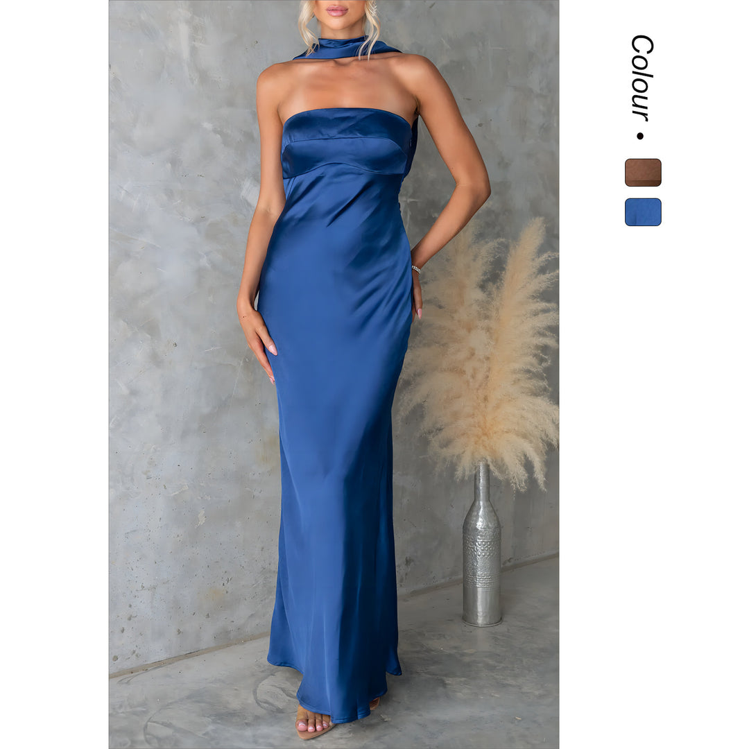 Damer Elegant Aftenkjole med Off-Shoulder Design og Glitrende Satin