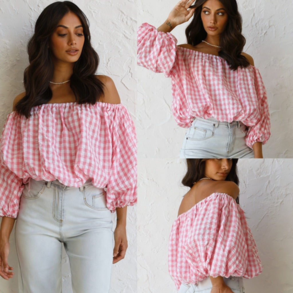Dame Off-Shoulder Gingham Bluse med Puffærmer Stilla