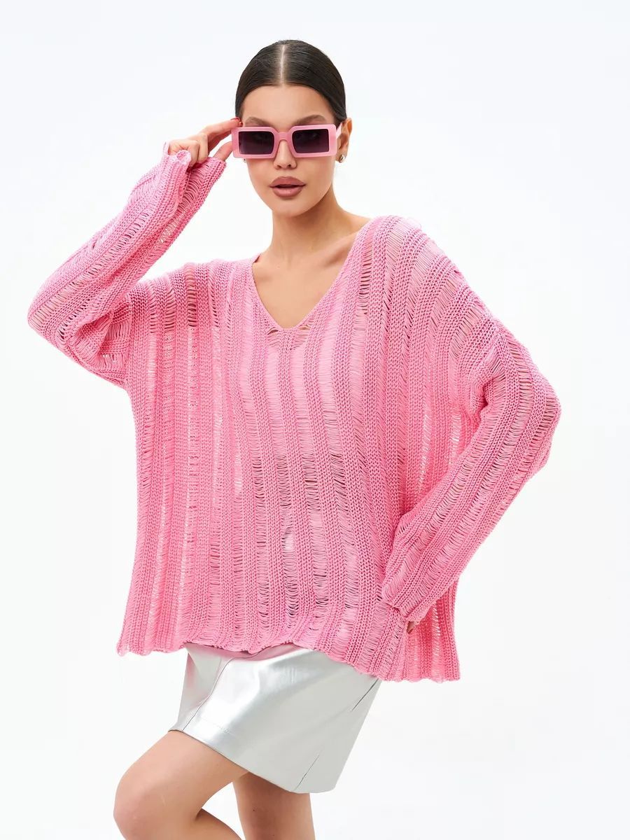 Dame store størrelse sweater i let strikmateriale med raffineret hulmønster Stilla