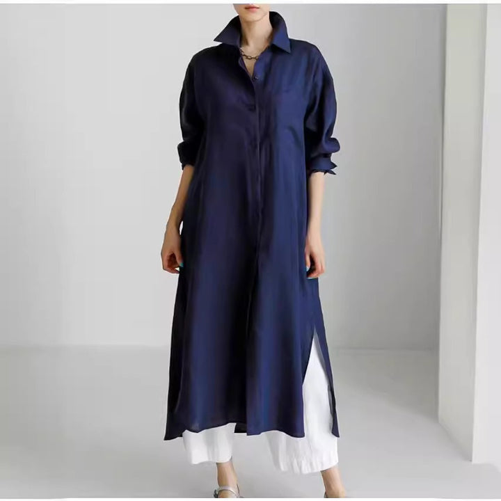 Dame Oversized Skjortekjole med side Slids og fin Linnedstruktur Stilla