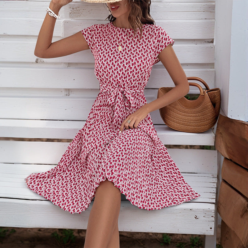 Dame Floral Print Midi Kjole med justerbar Talje Snor Stilla