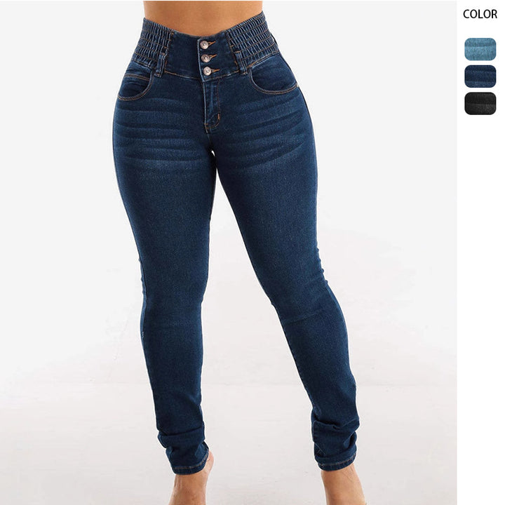 Dame høje jeans med elastisk talje og knapdetaljer Skovae