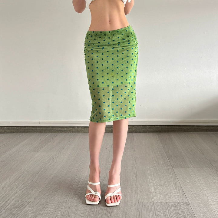 Dame ruffle skirt med legende prikdesign og gennemsigtig kant Skovae